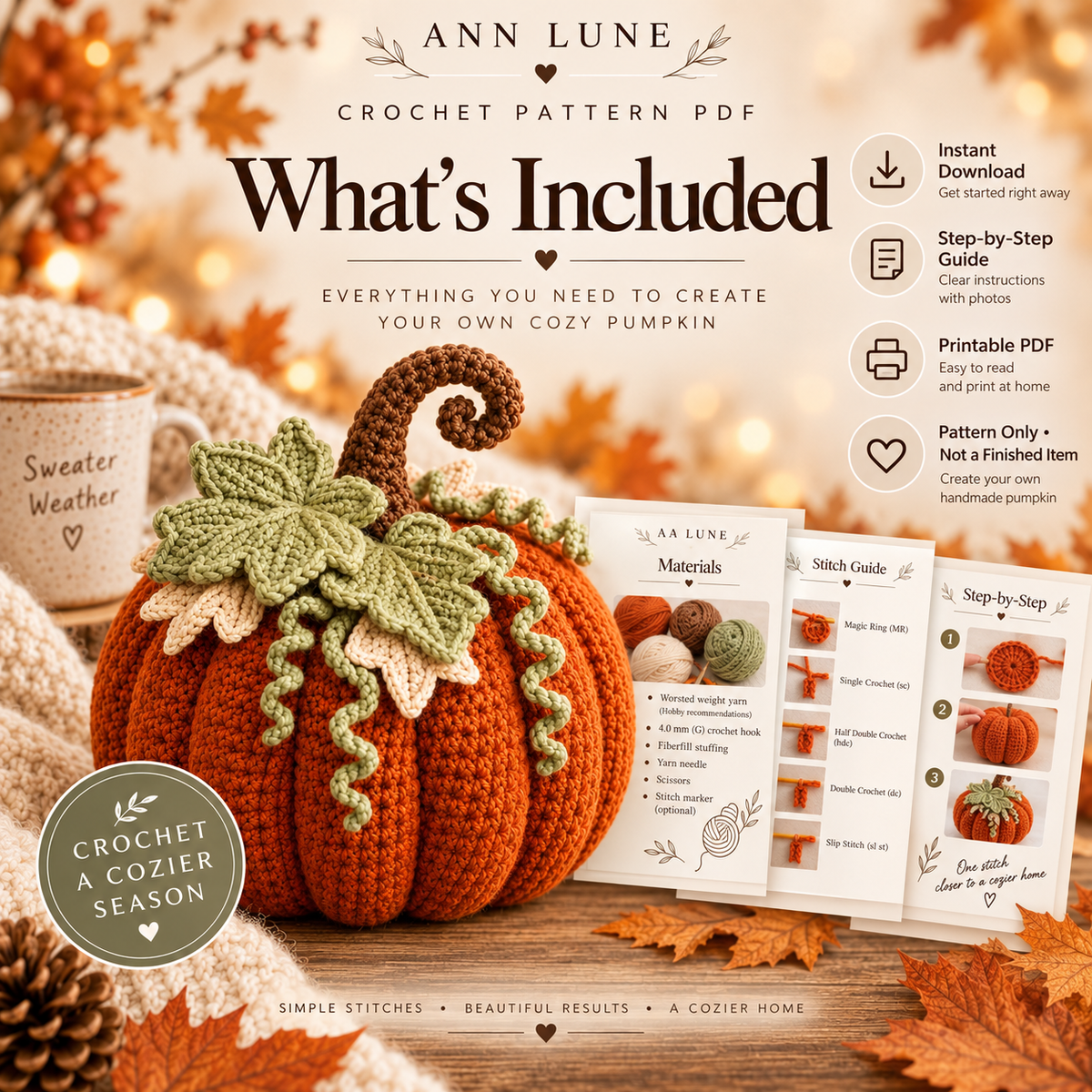 Cozy Crochet Pumpkin Pattern PDF – Fall Pumpkin Decor with Leaves & Curly Vines