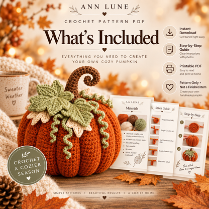 Cozy Crochet Pumpkin Pattern PDF – Fall Pumpkin Decor with Leaves & Curly Vines