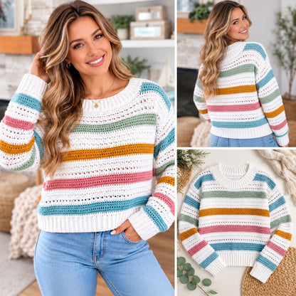 Pastel Striped Crochet Sweater Pattern PDF – Colorful Pullover