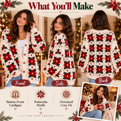 Christmas Poinsettia Cardigan Crochet Pattern – Floral Granny Square Cardigan PDF
