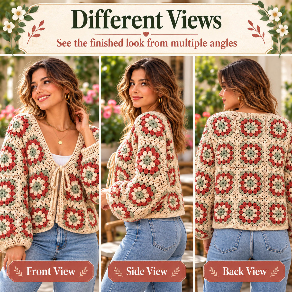 Floral Granny Square Cardigan Crochet Pattern PDF