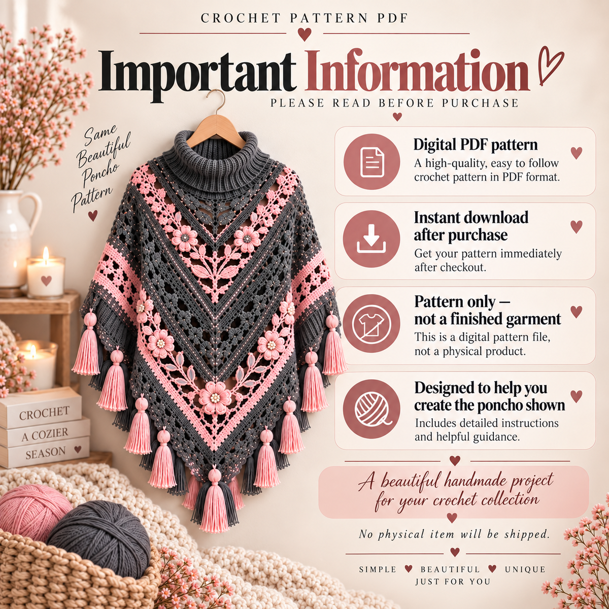 Floral Tassel Poncho Crochet Pattern PDF – Turtleneck Lace Poncho