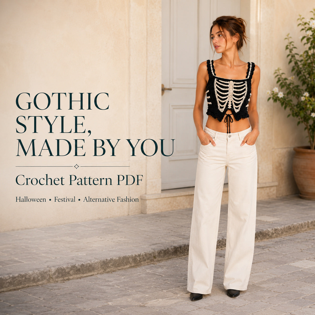 Crochet Skeleton Top Pattern PDF, Gothic Lace Up Corset, Halloween Festival Crop Top