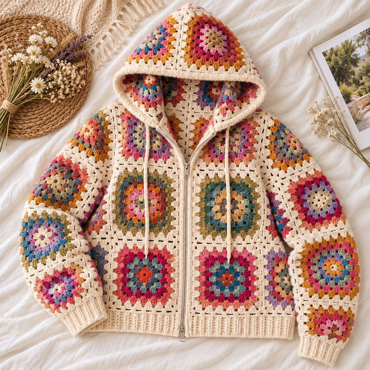 Granny Square Zip Hoodie Crochet Pattern PDF | Hooded Cardigan Pattern