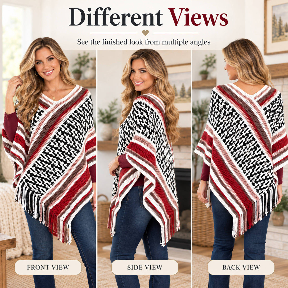 Houndstooth Fringe Poncho Crochet Pattern PDF