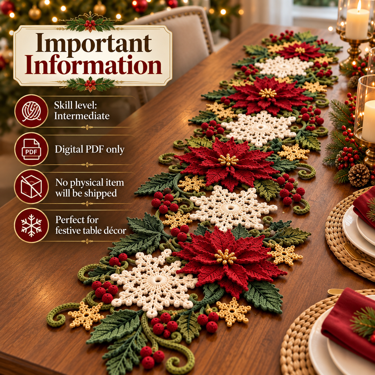 Christmas Poinsettia Table Runner Crochet Pattern PDF