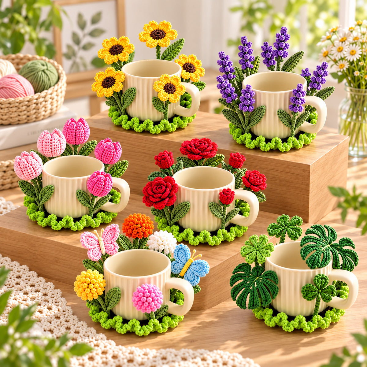 Crochet Mug Coaster Pattern Bundle PDF | 12 Floral & Botanical Designs
