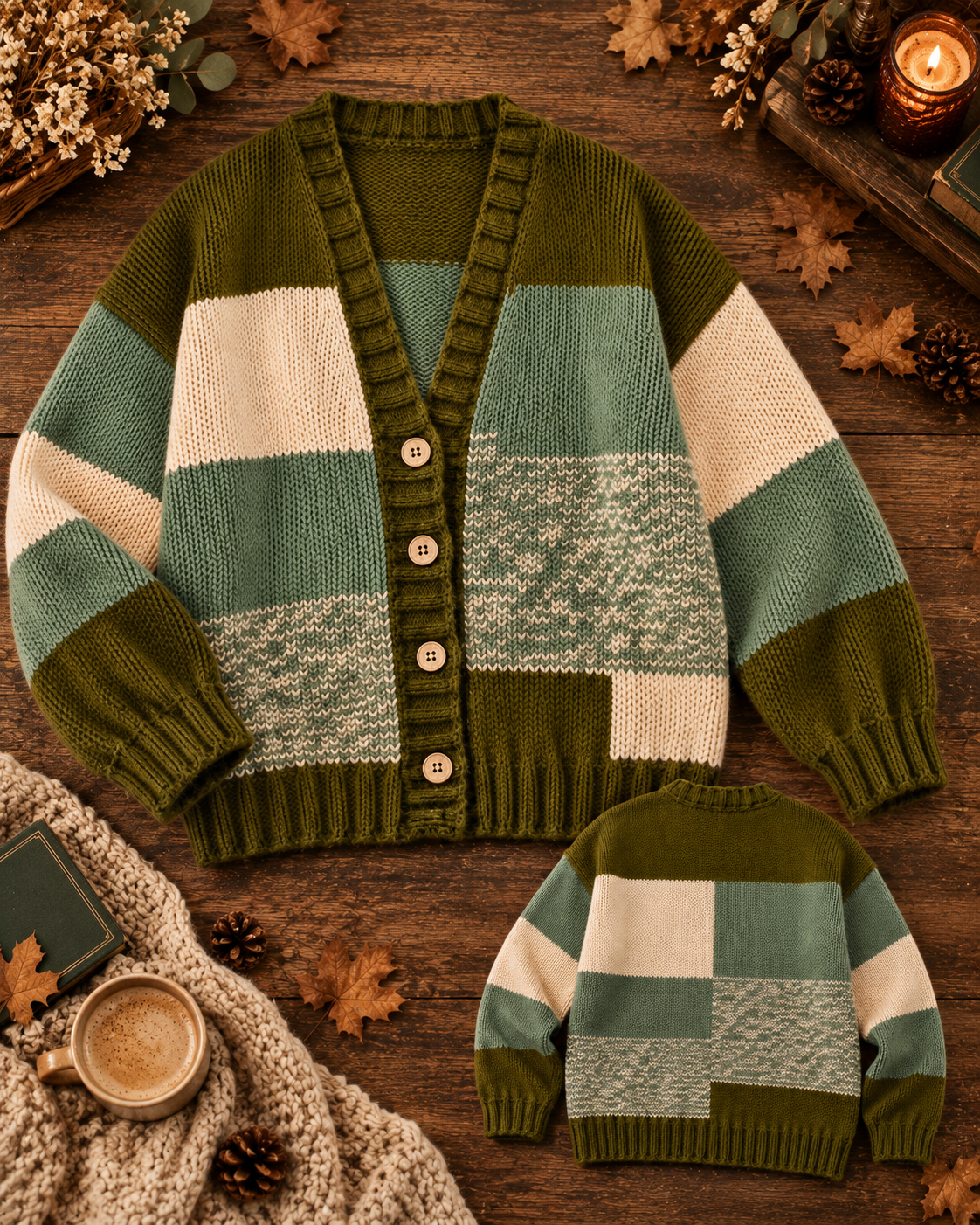 Olive Patchwork Cardigan Knitting Pattern PDF – Oversized Color Block Cardigan