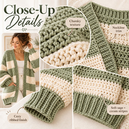 Oversized Chunky Cardigan Crochet Pattern PDF – Striped Cozy Cardigan