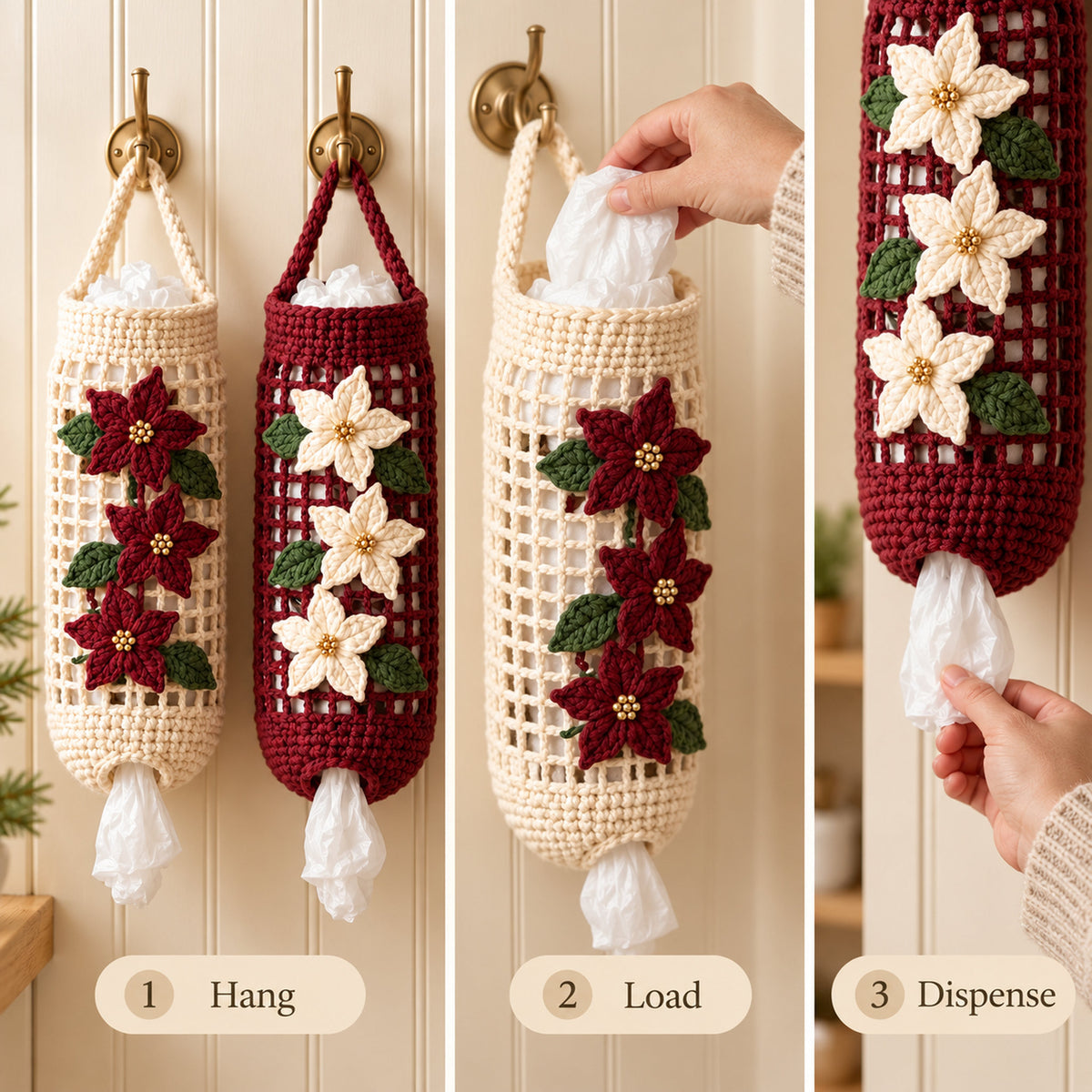 Poinsettia Crochet Bag Holder Pattern PDF – Christmas Kitchen Organizer