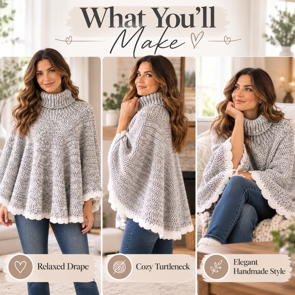 Crochet Turtleneck Poncho Pattern PDF – Cozy Women’s Crochet Cape Pattern
