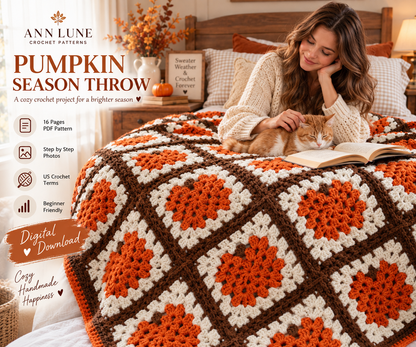 Pumpkin Season Throw Crochet Pattern PDF – Fall Pumpkin Granny Square Blanket Pattern