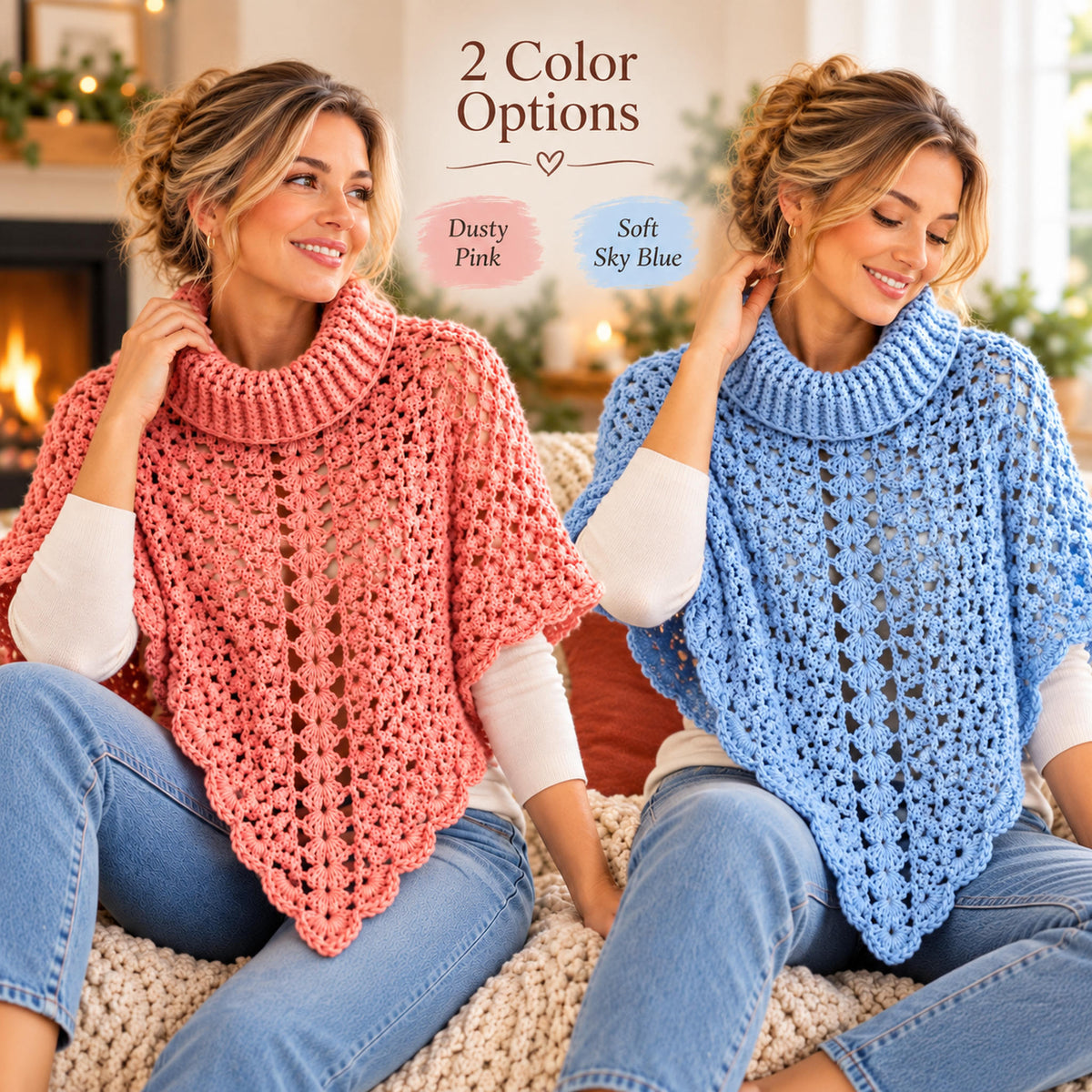 Turtleneck Poncho Crochet Pattern PDF – Cozy Lace Poncho