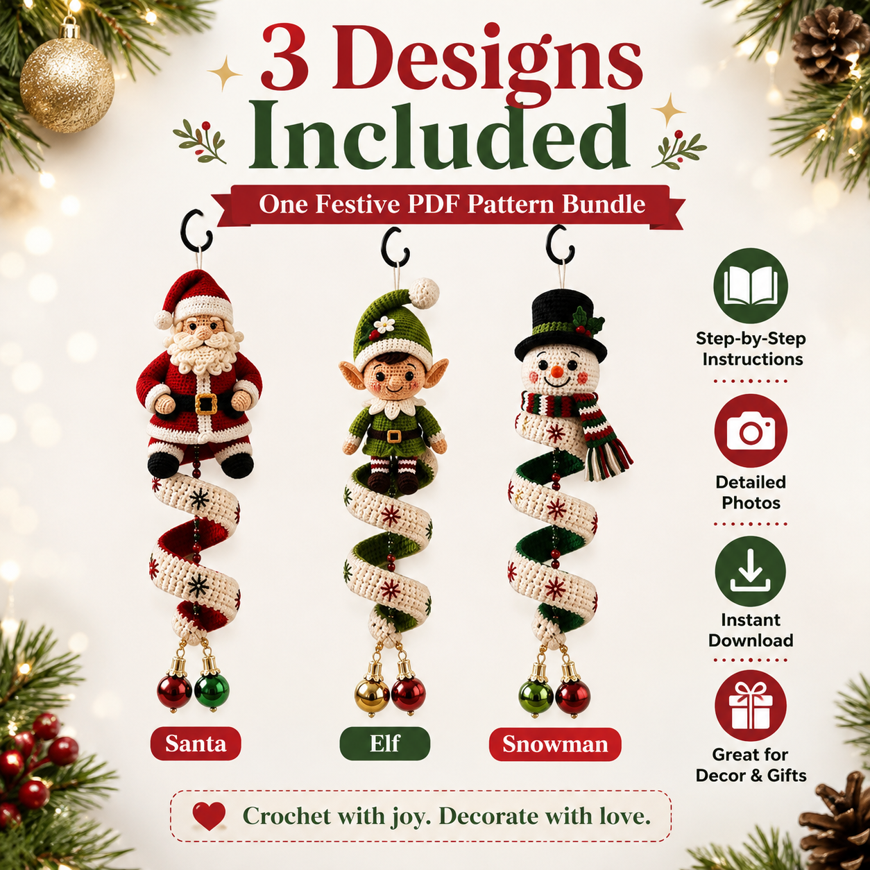 Christmas Spiral Crochet Pattern Bundle – Santa, Elf & Snowman PDF Pattern