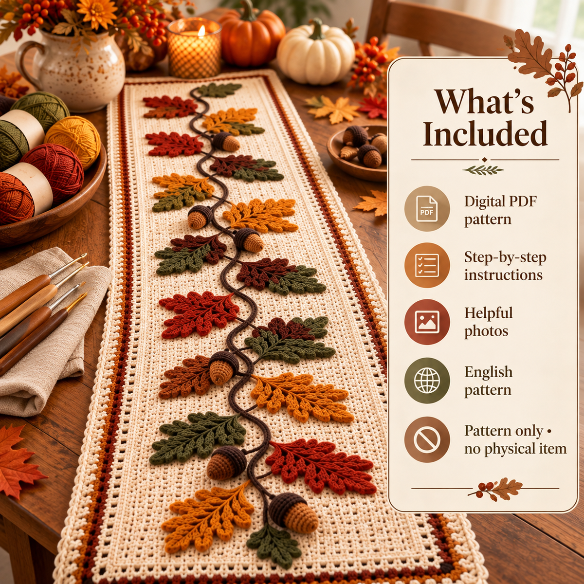 Autumn Oak Leaf Table Runner Crochet Pattern PDF – Fall Leaves & Acorn Table Decor