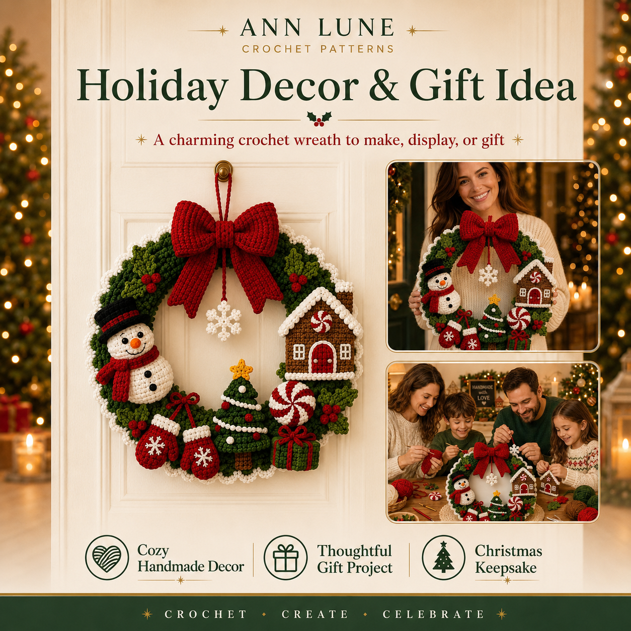 Christmas Crochet Wreath Pattern PDF – Snowman, Gingerbread House, Tree & Holiday Door Decor