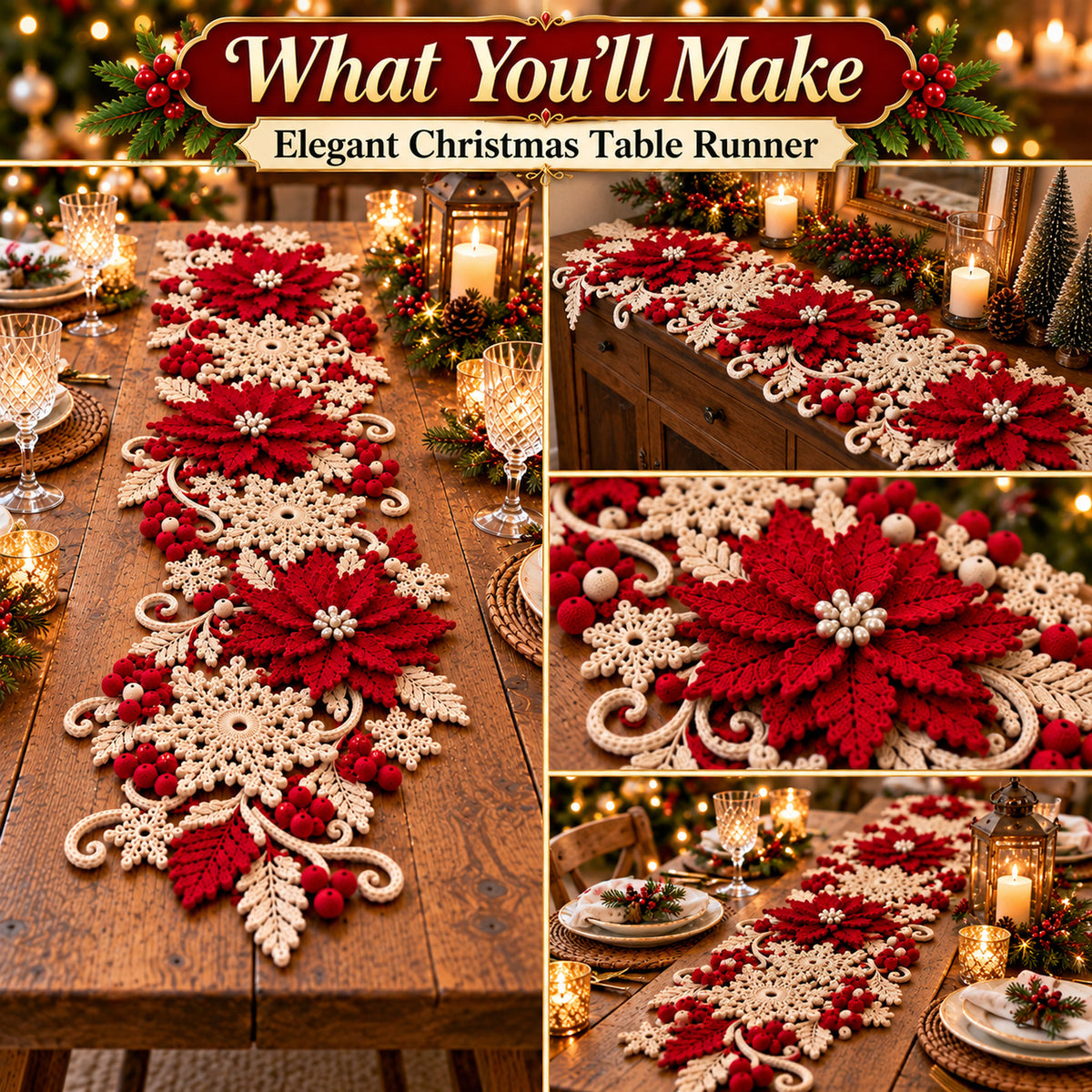 Christmas Poinsettia Table Runner Crochet Pattern PDF
