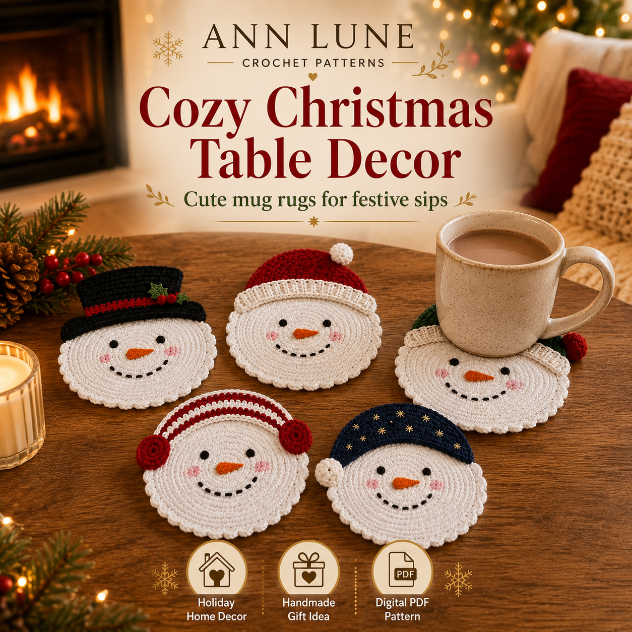 Snowman Coaster Set Crochet Pattern PDF – 5 Christmas Mug Rug Designs