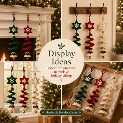 Crochet Christmas Spiral Wind Spinner Pattern PDF, Star Snowflake and Bell Hanging Ornament, Holiday Window Decor, Set of 3
