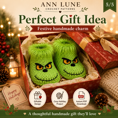Green Christmas Slippers Crochet Pattern PDF – Cozy Holiday House Slippers