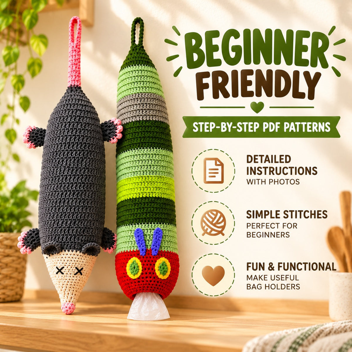 Crochet Bag Holder Pattern Bundle – Opossum & Caterpillar PDF