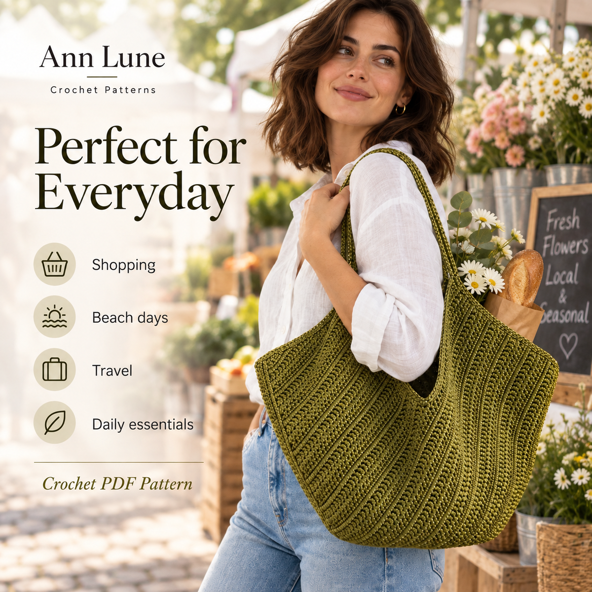 Textured Crochet Tote Bag Pattern PDF – Modern Market Bag Crochet Pattern, Everyday Shoulder Bag, Instant Download