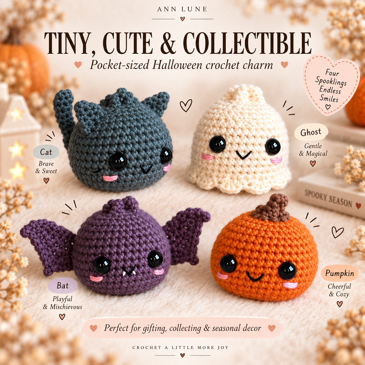 Halloween Crochet Pattern Bundle PDF | 4 Mini Amigurumi Spooklings + Pumpkin Box
