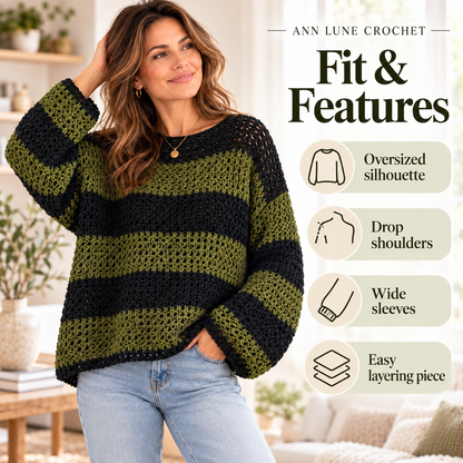 Oversized Crochet Sweater Pattern PDF | Striped Mesh Pullover