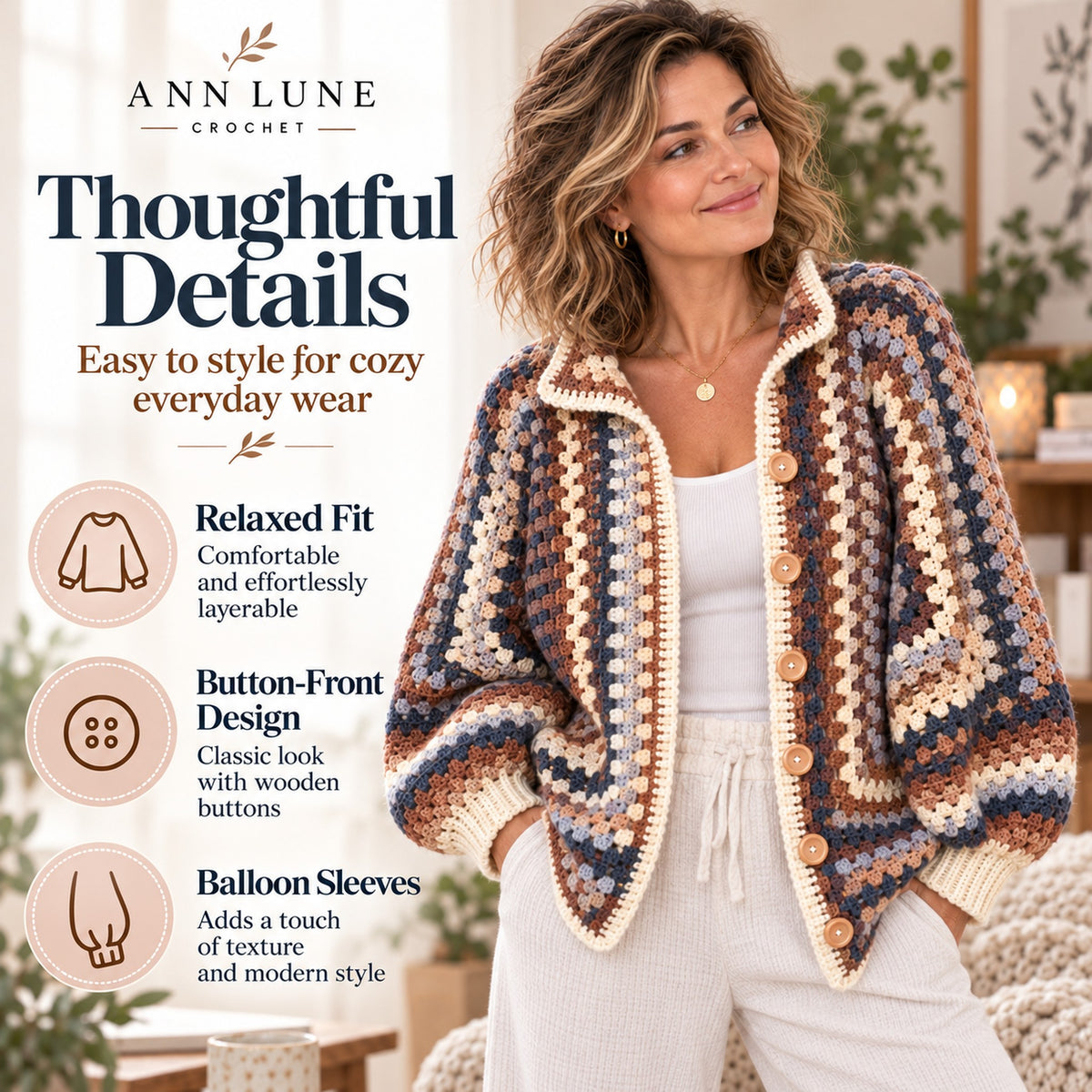 Oversized Square Cardigan Crochet Pattern PDF – Cozy Button Cardigan