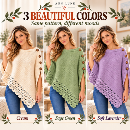Uptown Poncho Crochet Pattern PDF – Lace Trim Button Poncho