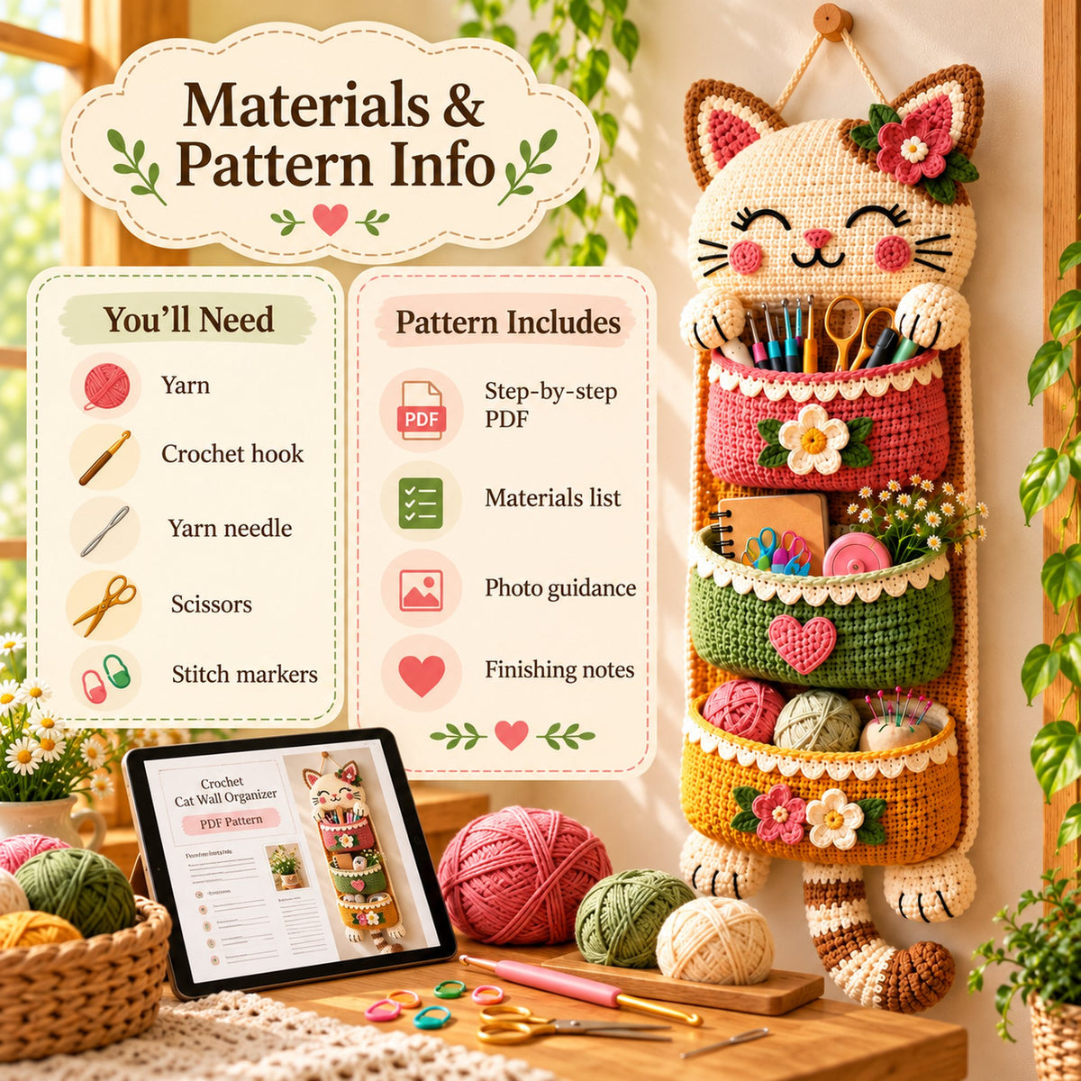 Cat Wall Organizer Crochet Pattern PDF – 3-Pocket Hanging Storage