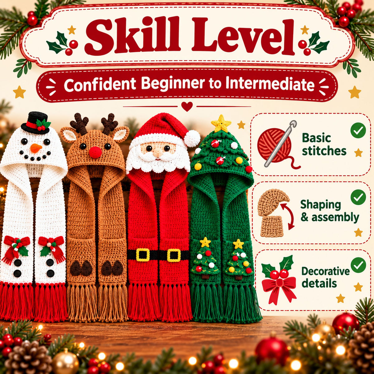 Christmas Hooded Scarf Crochet Pattern Bundle – 4 Designs PDF