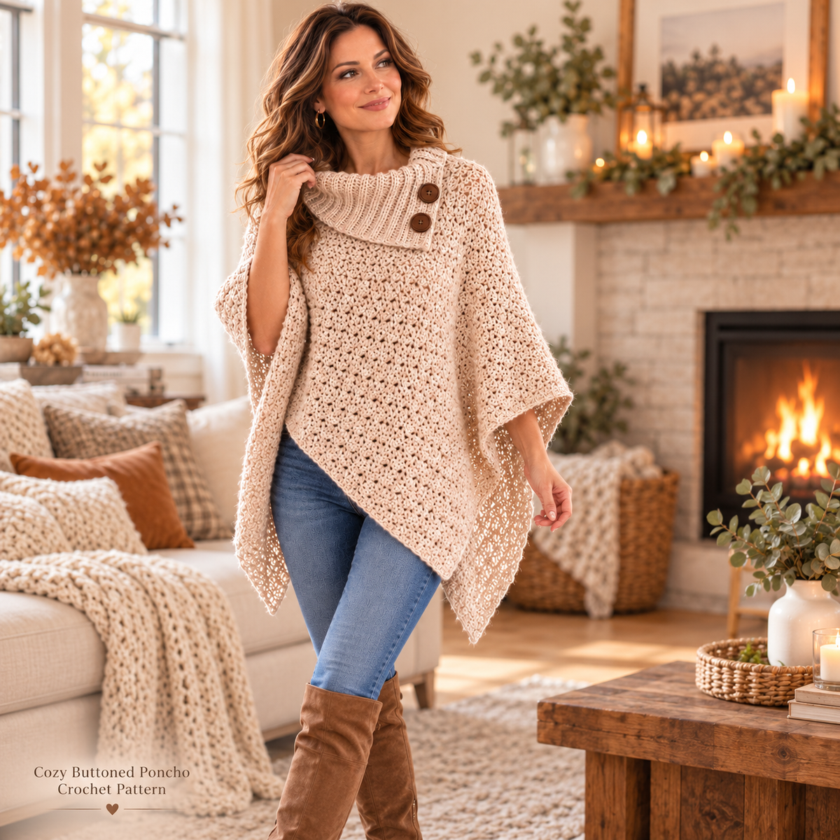 Cozy Buttoned Poncho Crochet Pattern PDF – Cowl Neck Crochet Wrap Pattern