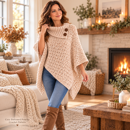 Cozy Buttoned Poncho Crochet Pattern PDF – Cowl Neck Crochet Wrap Pattern