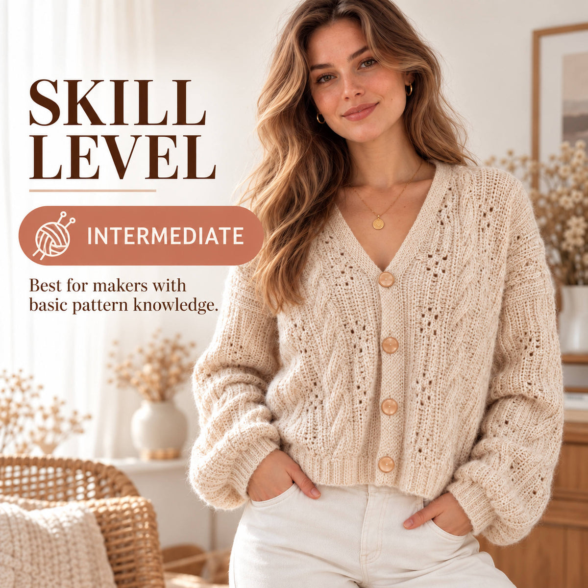 Cream Cable Knit Cardigan Pattern PDF – V-Neck Lace Cardigan