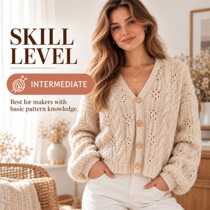 Cream Cable Knit Cardigan Pattern PDF – V-Neck Lace Cardigan
