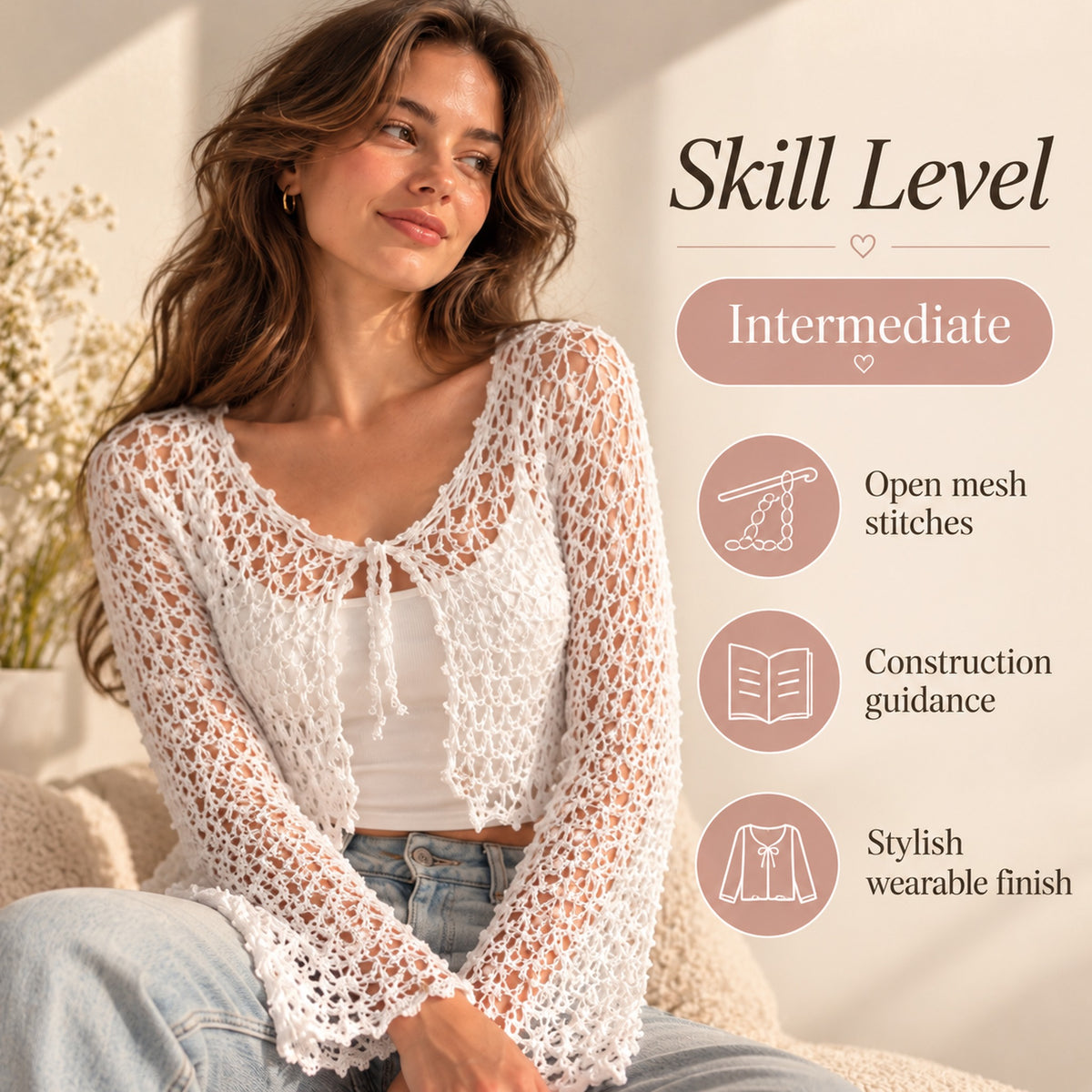 Crochet Mesh Tie-Front Cardigan Pattern PDF – Bell Sleeve Top