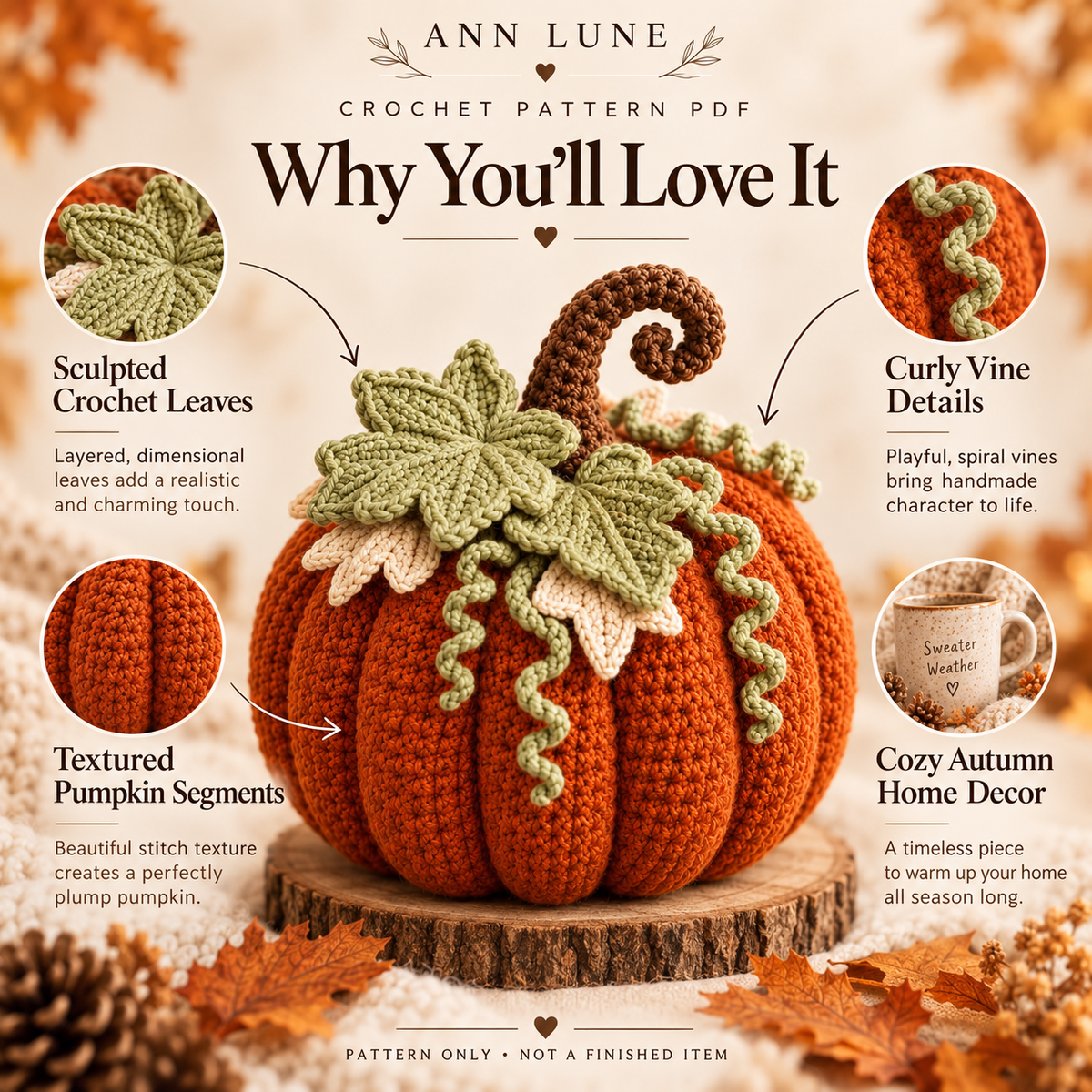 Cozy Crochet Pumpkin Pattern PDF – Fall Pumpkin Decor with Leaves & Curly Vines