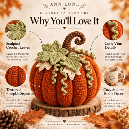 Cozy Crochet Pumpkin Pattern PDF – Fall Pumpkin Decor with Leaves & Curly Vines