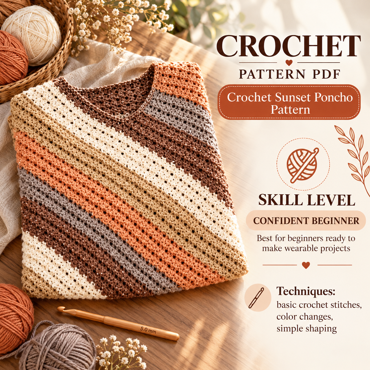 Crochet Sunset Poncho Pattern PDF | Easy Striped Poncho Crochet Pattern
