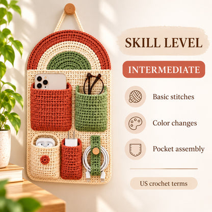 Rainbow Crochet Wall Organizer Pattern – Hanging Storage PDF