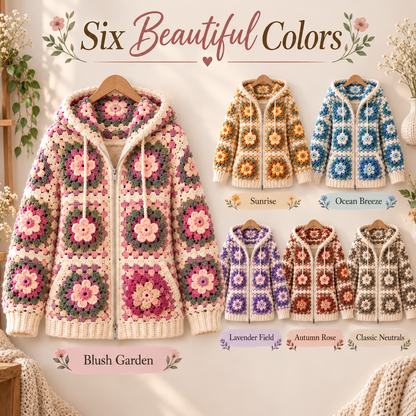 Floral Granny Square Zip Hoodie Crochet Pattern PDF | Flower Crochet Cardigan with Hood