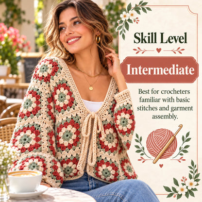 Floral Granny Square Cardigan Crochet Pattern PDF