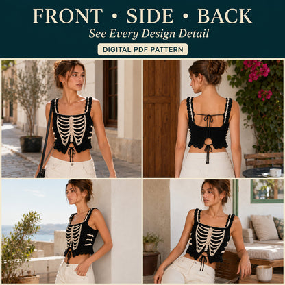 Crochet Skeleton Top Pattern PDF, Gothic Lace Up Corset, Halloween Festival Crop Top