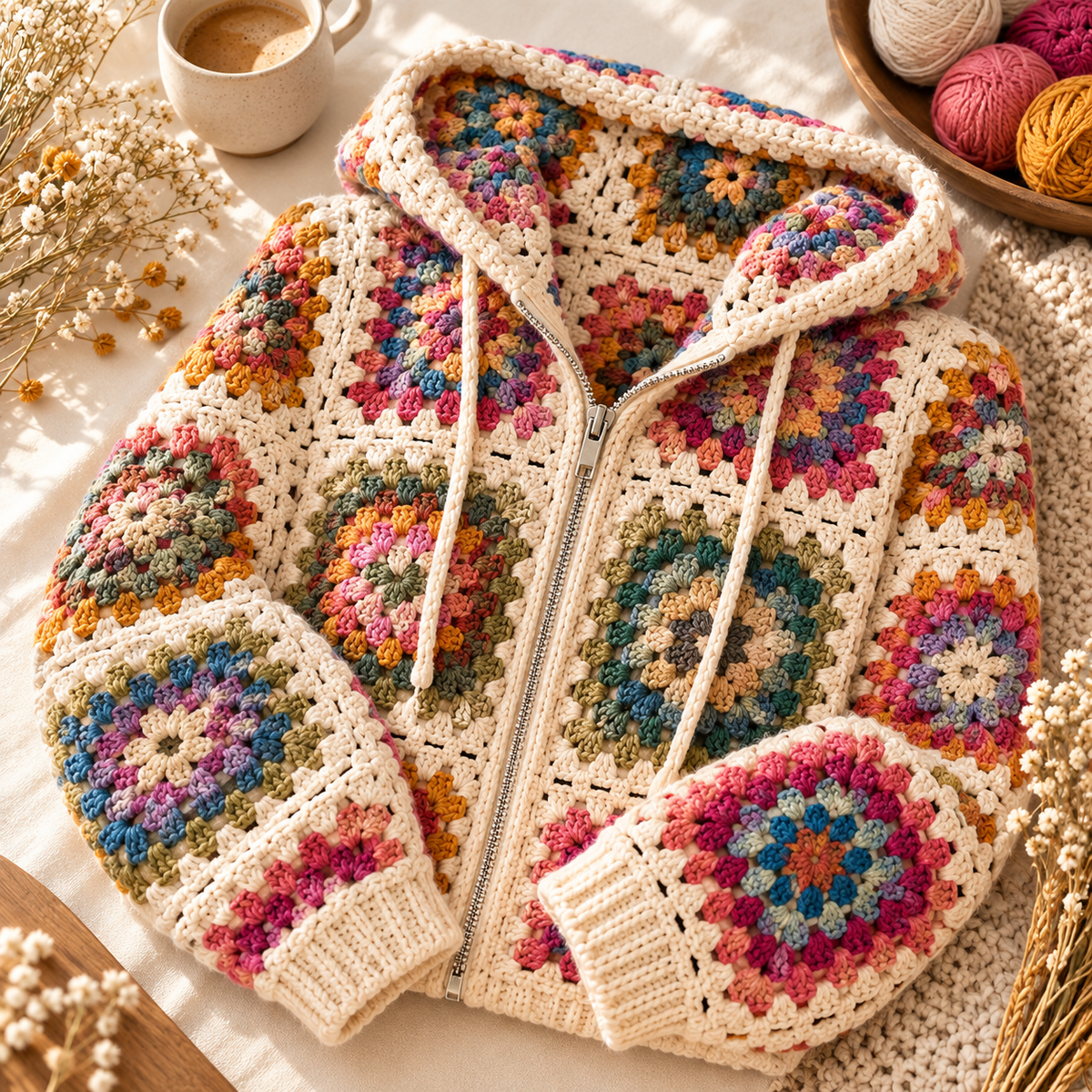 Granny Square Zip Hoodie Crochet Pattern PDF | Hooded Cardigan Pattern