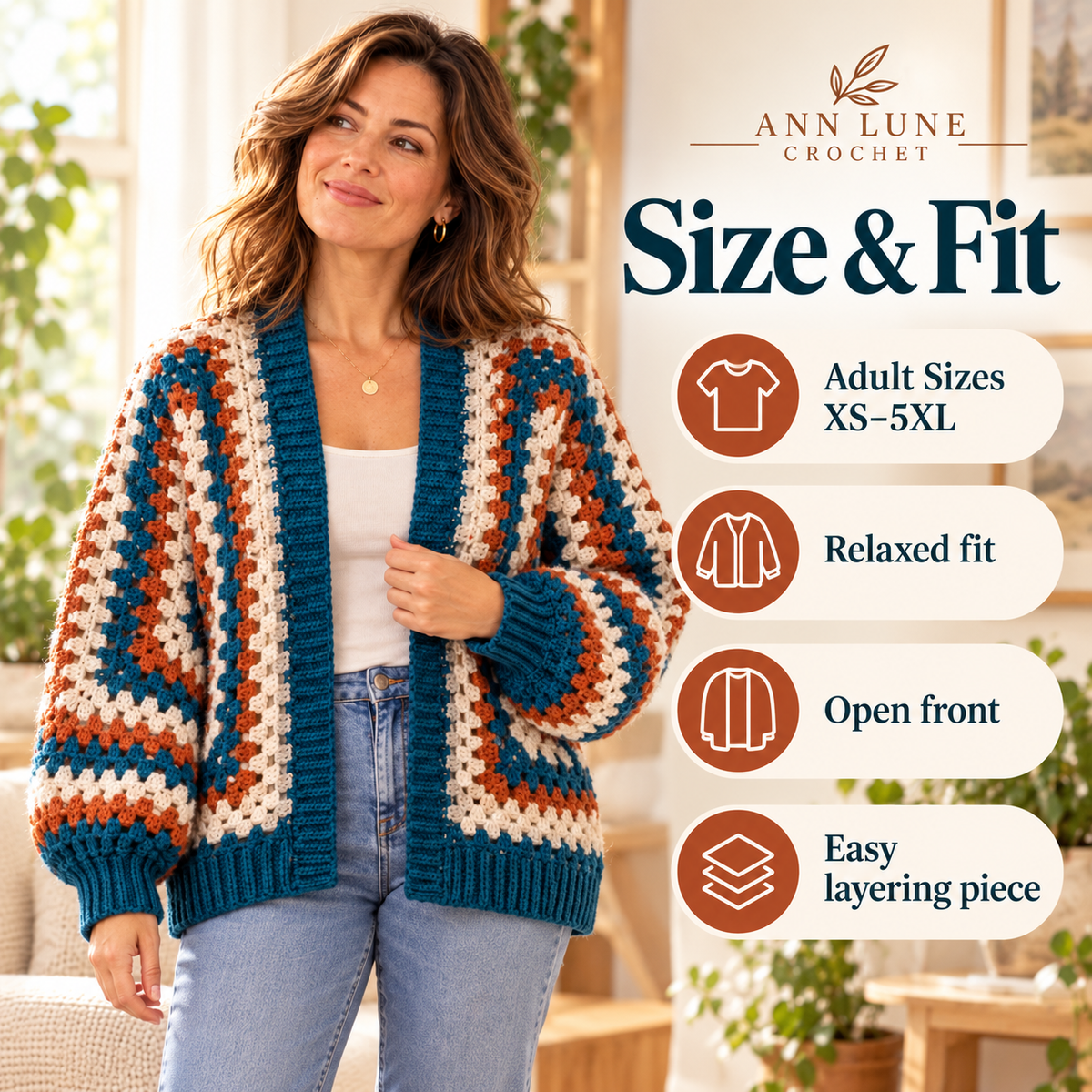 Hexagon Cardigan Crochet Pattern PDF – Oversized Granny Stitch Cardigan XS–5XL
