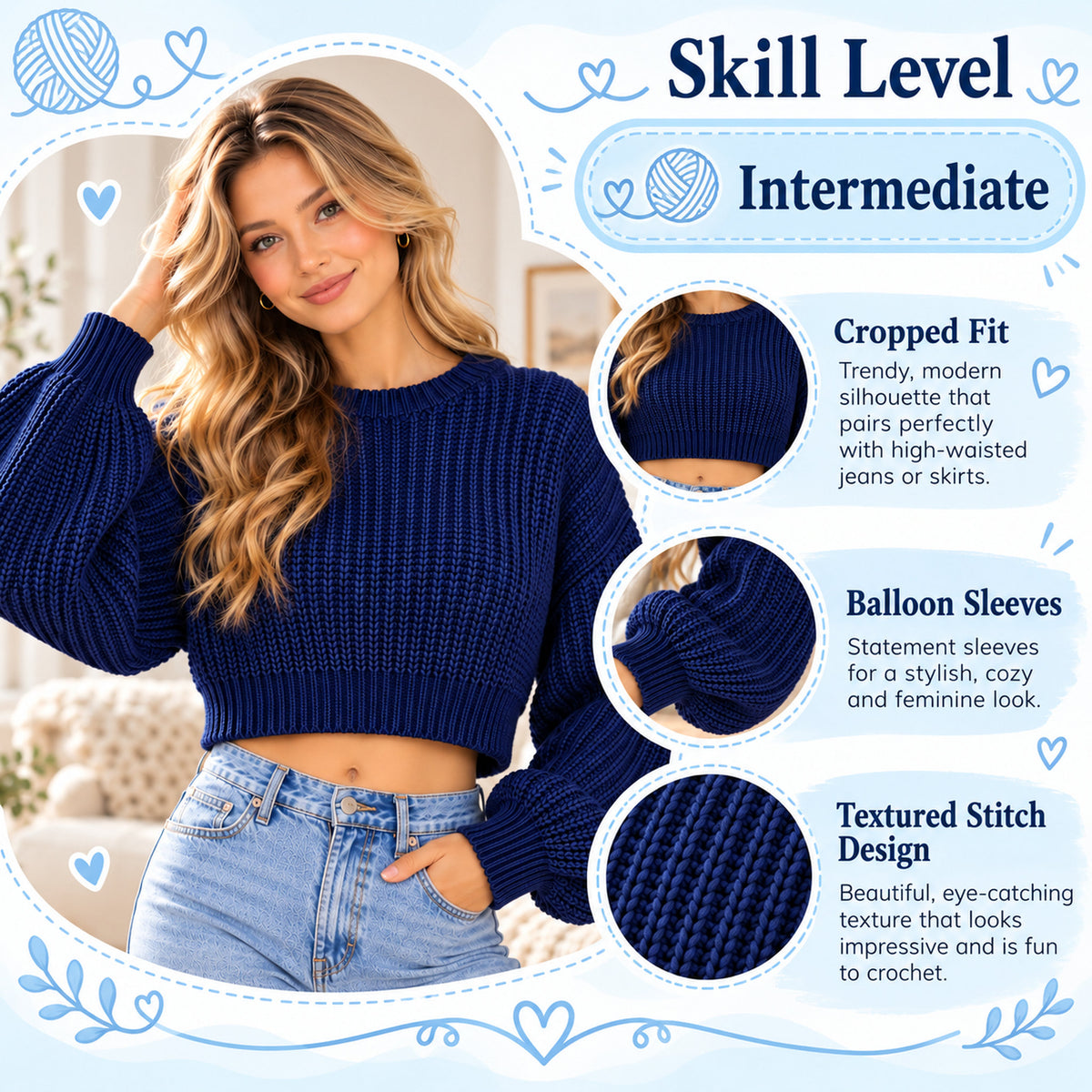 Cropped Balloon Sleeve Sweater Crochet Pattern PDF