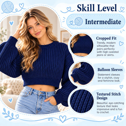 Cropped Balloon Sleeve Sweater Crochet Pattern PDF