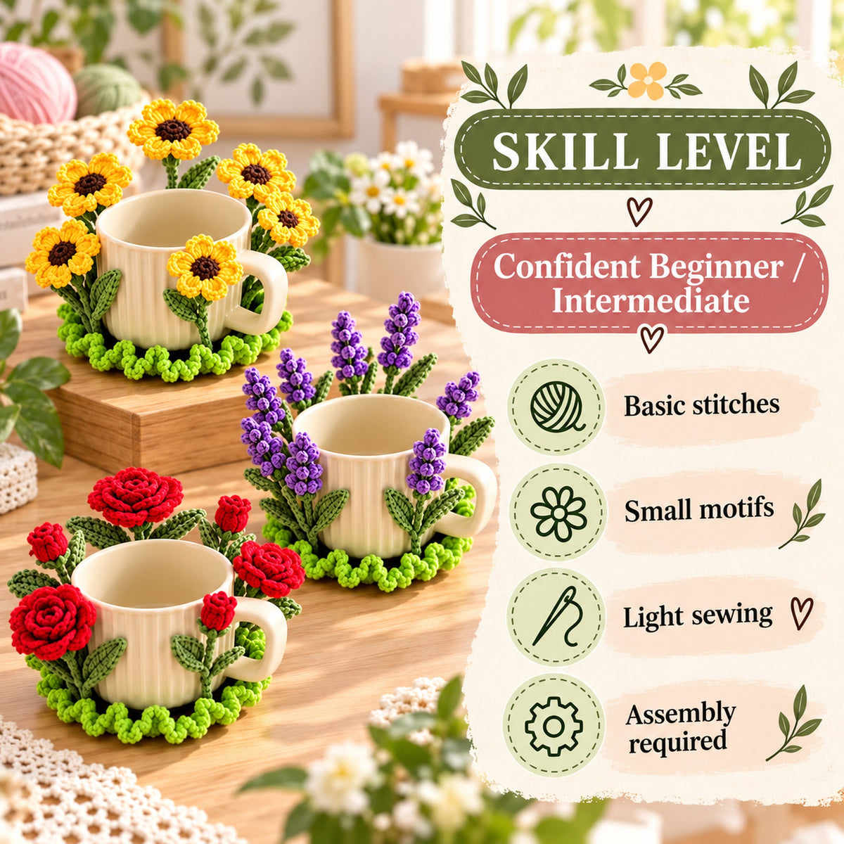Crochet Mug Coaster Pattern Bundle PDF | 12 Floral & Botanical Designs
