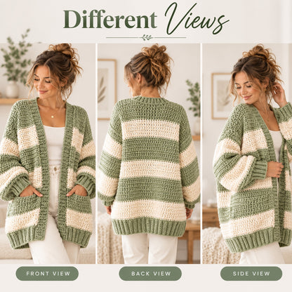 Oversized Chunky Cardigan Crochet Pattern PDF – Striped Cozy Cardigan